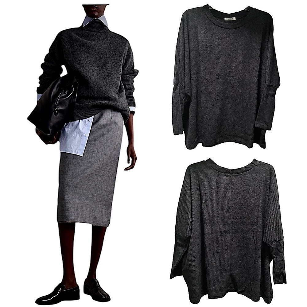 Cherish Charcoal Ribbed Boxy Sweatshirt Sweater Crew Neck Choose S M L New